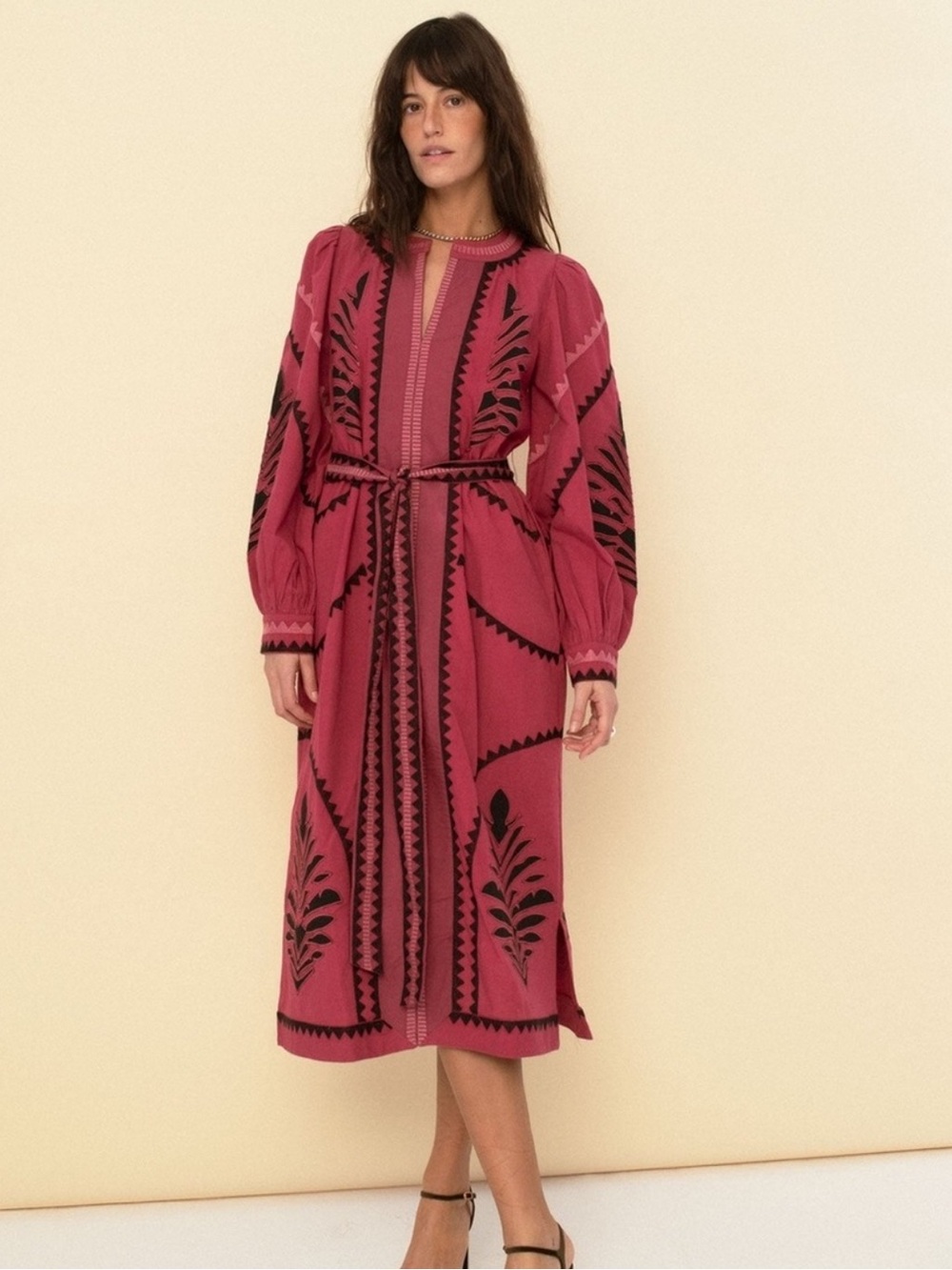 SOMNER size XSMALL Susan Fuchsia Embroidered Cotton Midi Dress NEW $420